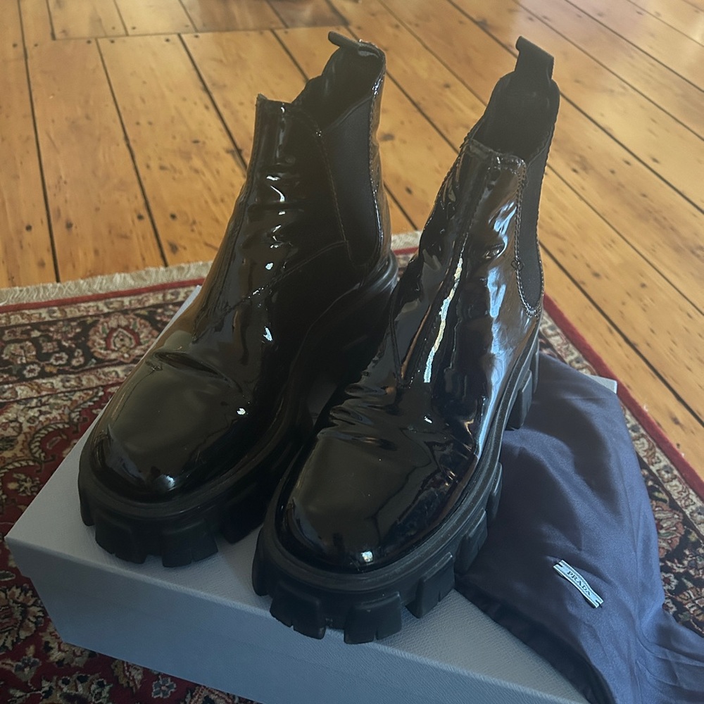 Prada Monolith patent leather black boots size 8.